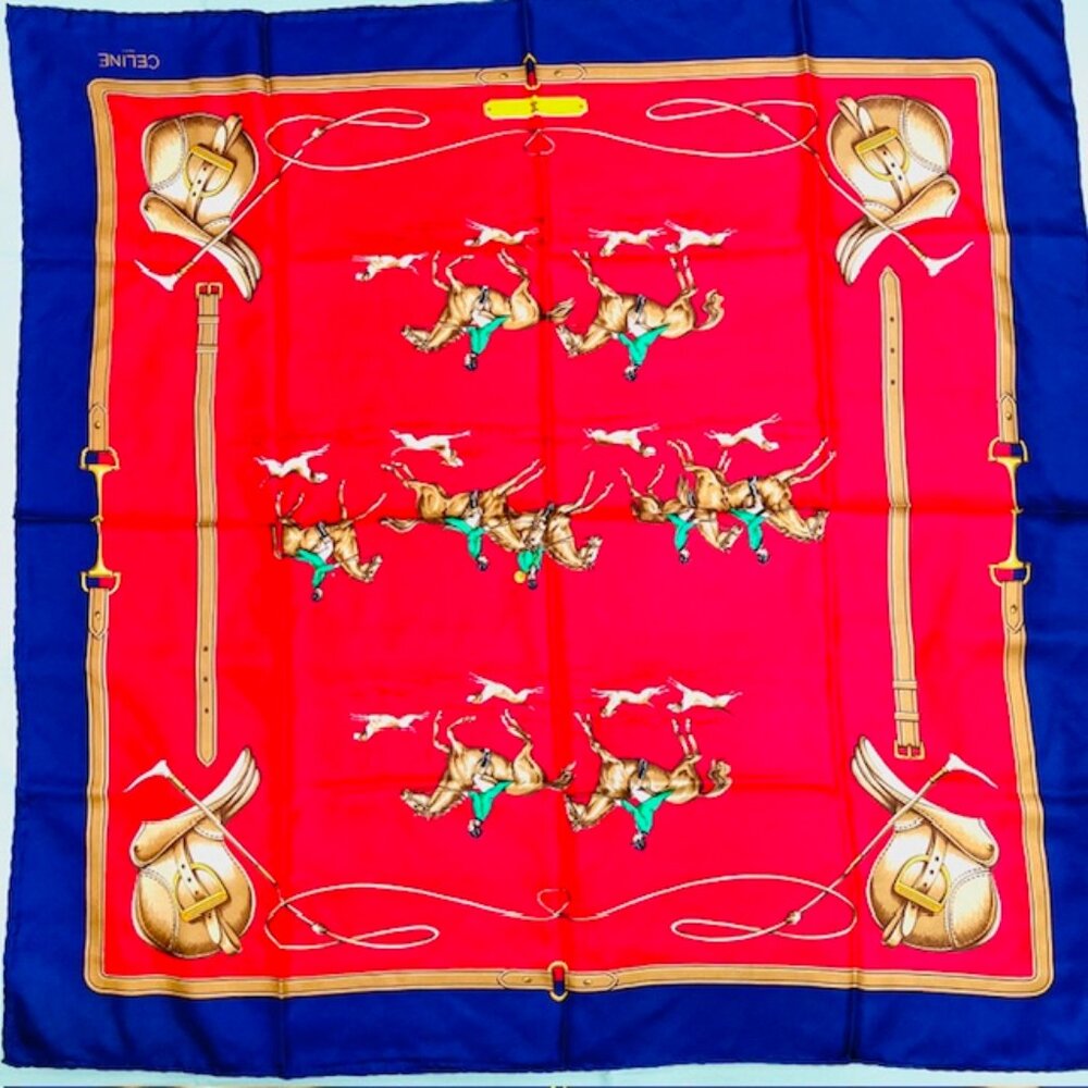Unused-CELINE Paris 100% SilkScarf 34" x34" Red Blue Hourses Dogs Italy Made(59 - Picture 9 of 15